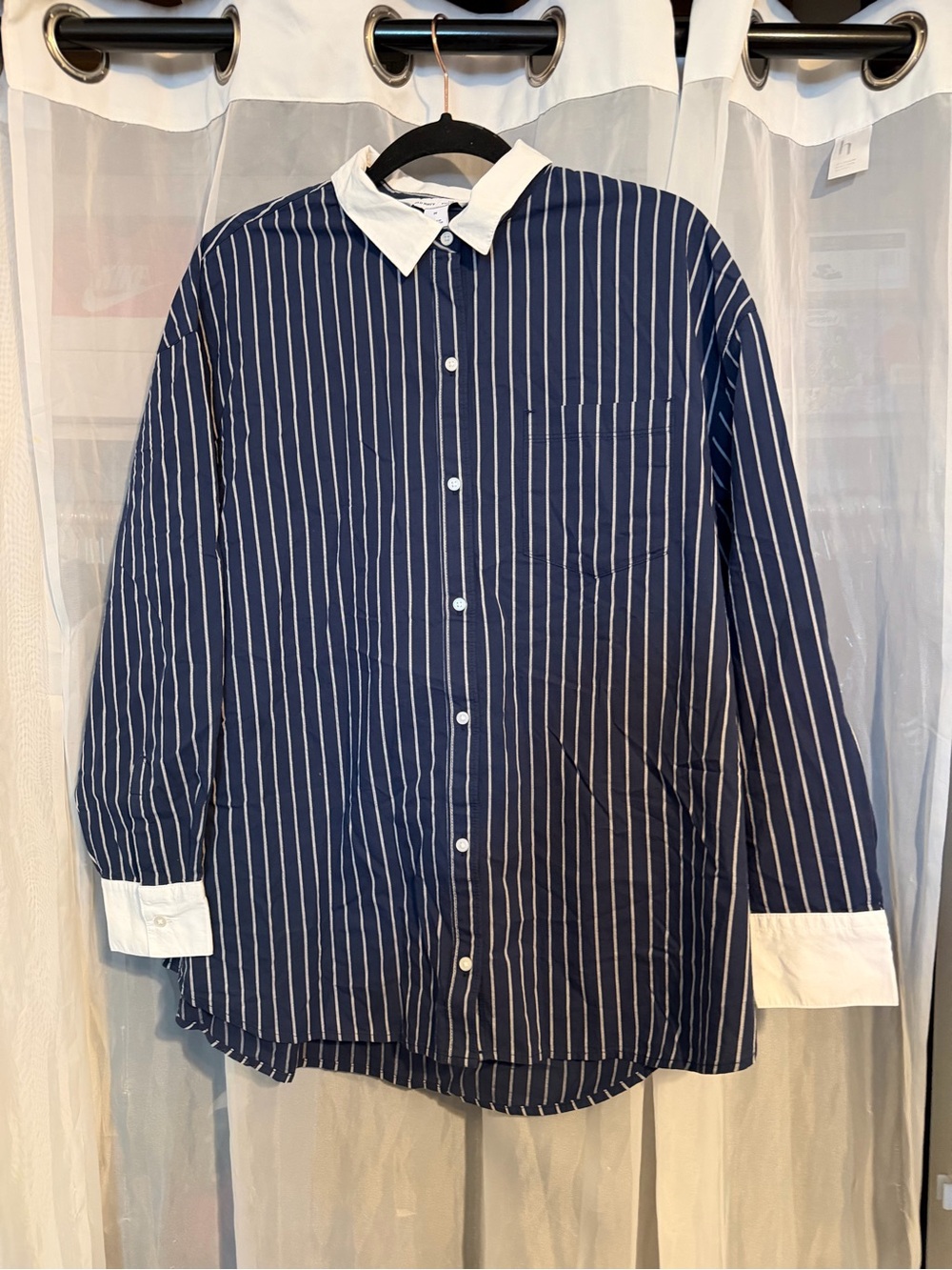 Old Navy Navy and White Striped Button-Down Boyfriend Shirt